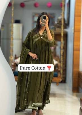 Rajhans Branded Pure Cotton 3 Piece Kurti Set With Handwork  And Dupatta Olive Green Color