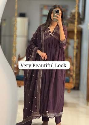 Rajhans Branded Pure Cotton 3 Piece Kurti Set With Handwork  And Dupatta Dark Purple Color