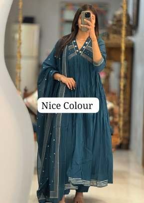 Rajhans Branded Pure Cotton 3 Piece Kurti Set With Handwork  And Dupatta Teal Blue Color