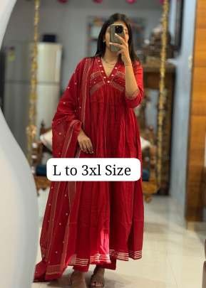 Rajhans Branded Pure Cotton 3 Piece Kurti Set With Handwork  And Dupatta Red Color