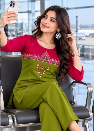 Rajwadi Must  Cotton Mirror Hand Embroidery Work Co-ord Set Olive Green Color