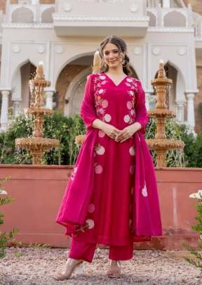 Ramya Designer Pure Viscose Soft Chanderi With Heavy Embroidery Work 3 Piece Kurti Set Rani Pink Color