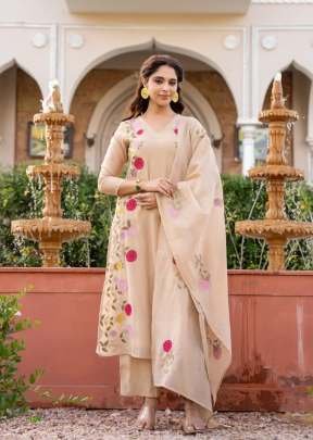 Ramya Designer Pure Viscose Soft Chanderi With Heavy Embroidery Work 3 Piece Kurti Set Beige Color
