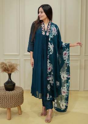 Rasmika Heavy Chinon With Sequence Embroidery Work 3 Piecs Kurti Set Navy Blue Color 