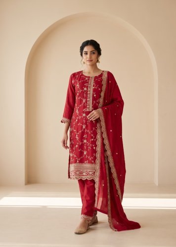 Readymade Designer Suit Heavy Blooming Chinon Silk with Embroidered Sequence Work And Jari Work DN 4904 Red Color 