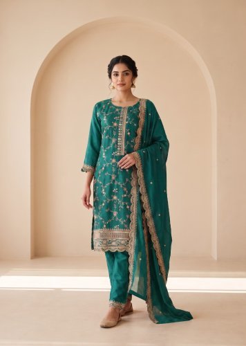 Readymade Designer Suit Heavy Blooming Chinon Silk with Embroidered Sequence Work And Jari Work DN 4904 Teal Green Color 