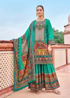 Zoor Readymade Pakistani Suit Pure Crape Silk Digital Print With Orignal Mirror Work  Teal Blue Color DN 1002