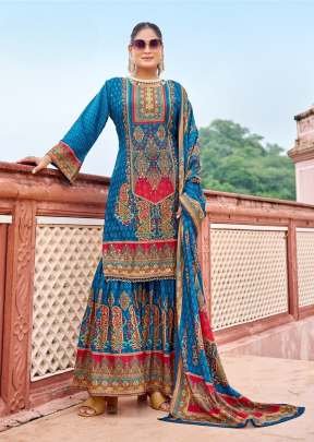 Zoor Readymade Pakistani Suit Pure Crape Silk Digital Print With Orignal Mirror Work  Nevy Blue Color DN 1005