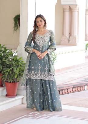Readymade Sharara Suit Fendi Silk With Embroidery Coding Sequence Work Dusty Green Color DN 1211
