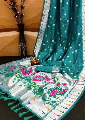 Rich Paithani Pallu Pure Banarasi Silk Paithani Weaving Saree Kandinsky Turquoise Color