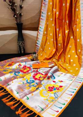 Rich Paithani Pallu Pure Banarasi Silk Paithani Weaving Saree Yellow Color