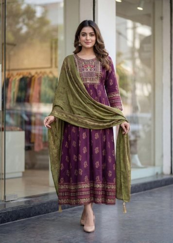 Rohini Heavy Rayon With Embroidery With Print Anarkali Kurti With Dupatta Wine Color