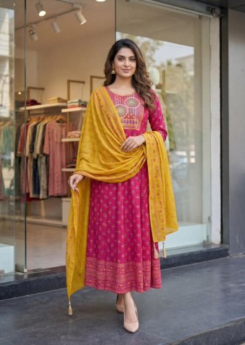 Rohini Heavy Rayon With Embroidery With Print Anarkali Kurti With Dupatta Pink Color