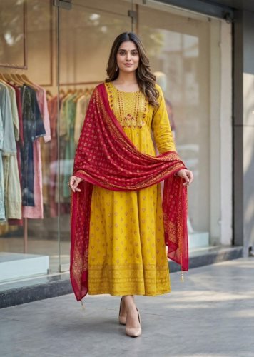 Rohini Heavy Rayon With Embroidery With Print Anarkali Kurti With Dupatta Yellow Color