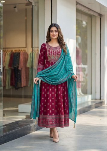 Rohini Heavy Rayon With Embroidery With Print Anarkali Kurti With Dupatta Magenta Color