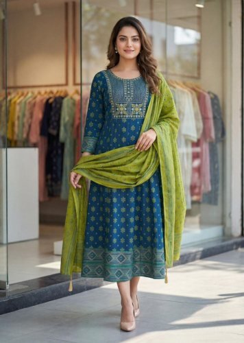 Rohini Heavy Rayon With Embroidery With Print Anarkali Kurti With Dupatta Blue Color