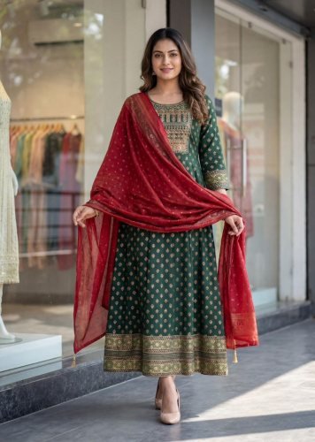 Rohini Heavy Rayon With Embroidery With Print Anarkali Kurti With Dupatta Green Color