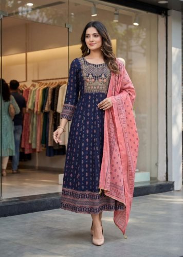 Rohini Heavy Rayon With Embroidery With Print Anarkali Kurti With Dupatta Nevy Blue Color