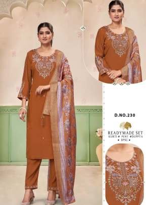  Roman silk With  Cotton inner embroidery work 3 piece Kurti Set  Peach Color LFH DN 230