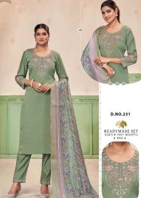 Roman silk With  Cotton inner embroidery work 3 piece Kurti Set  Pista Green Color LFH DN 231