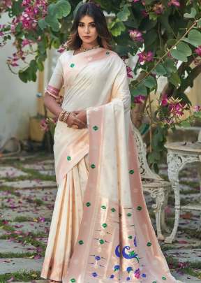 Rose Gold Zari Paithani  Pure Silk Saree Off White Color