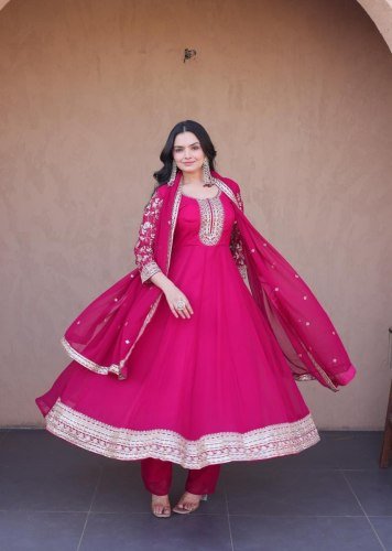 Royal Blooming Faux Embroidered Zari And Sequins Work Gown With Bottom and Designer Dupatta Set Pink Color KA DN 1253