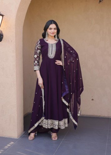 Royal Blooming Faux Embroidered Zari And Sequins Work Gown With Bottom and Designer Dupatta Set Wine Color KA DN 1253