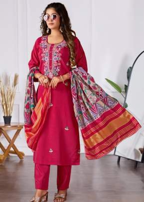 Royal Chanderi Silk Shimmer 3 Piece Kurti Set With Golden Glow Embroidery And Sequence Work Magenta Color DN 102
