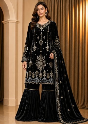 Royal Charm Super  Hit Velvet  Collection 9000  Velvet Sharara Suit with Heavy Sequence Embroidery Black Color DN 722