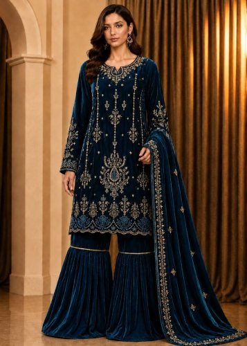 Royal Charm Super  Hit Velvet  Collection 9000  Velvet Sharara Suit with Heavy Sequence Embroidery Teal Blue Color DN 722
