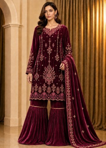 Royal Charm Super  Hit Velvet  Collection 9000  Velvet Sharara Suit with Heavy Sequence Embroidery Wine Color DN 722