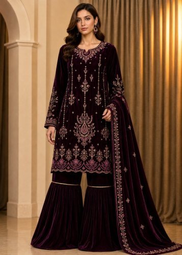 Royal Charm Super  Hit Velvet  Collection 9000  Velvet Sharara Suit with Heavy Sequence Embroidery Maroon Color DN 722