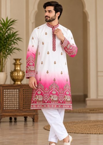 Royal Drizzle Premium Men’s Malai Satin Kurta Pajama Set with Luxurious Shaded Finish white And pink Color