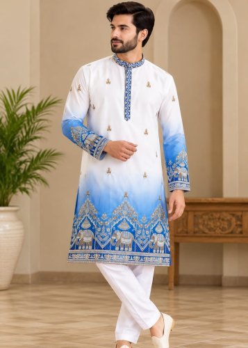 Royal Drizzle Premium Men’s Malai Satin Kurta Pajama Set with Luxurious Shaded Finish White And Blue  Color