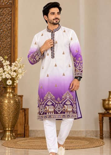 Royal Drizzle Premium Men’s Malai Satin Kurta Pajama Set with Luxurious Shaded Finish white And Purple Color