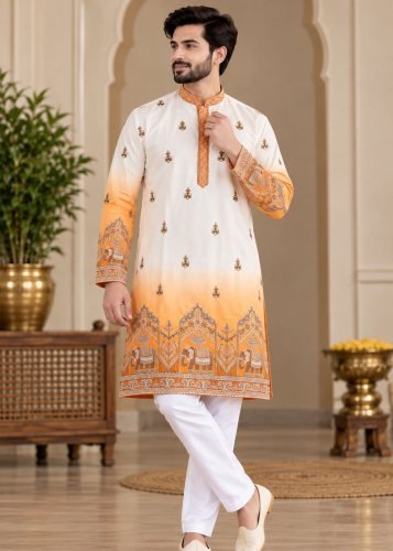 Royal Drizzle Premium Men’s Malai Satin Kurta Pajama Set with Luxurious Shaded Finish white And Yellowe Color