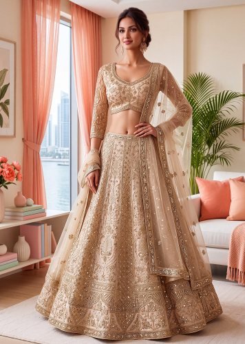 Royal Elegance in Every Twirl Aura Designer Lehenga Choli With Sequence & Cording Embroidery Work Beige Color LFH DVD DN 5188