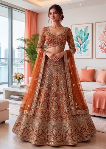 Royal Elegance in Every Twirl Aura Designer Lehenga Choli With Sequence & Cording Embroidery Work Rust Orange Color LFH DVD DN 5188
