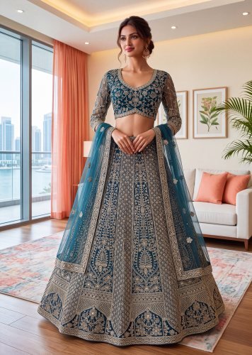 Royal Elegance in Every Twirl Aura Designer Lehenga Choli With Sequence & Cording Embroidery Work Teal Blue Color LFH DVD DN 5188
