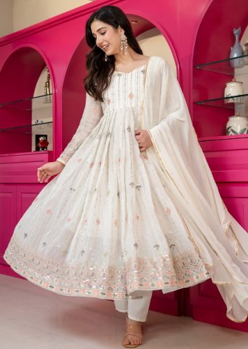 Royal Ivory White Designer Anarkali Suit with Heavy Multi Zari Sequin Work And Gota Patti Dupatta White Color TD DN 6136