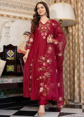SAPNA Designer 3 Piece Kurtis Set Pure Viscose Chanderi With Embroidery Sequence Work Maroon Color