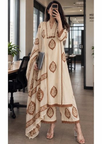 SGC  Elegant Pure Cotton Designer With Embroidered Neck And Lace Work 3 Piece Kurta Set Cream Color DN 193