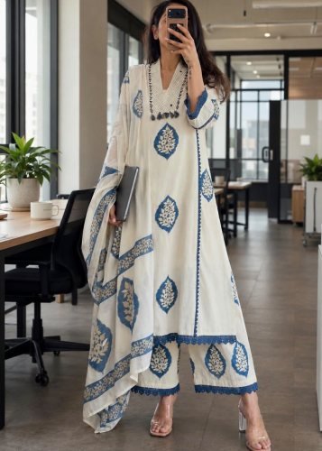 SGC  Elegant Pure Cotton Designer With Embroidered Neck And Lace Work 3 Piece Kurta Set Off White Color DN 193