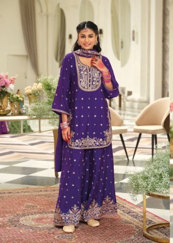  Saaj Designer And Stylish Heavy Chinon With Embroidery Work Palazzo Dupatta Se Purple Corol  DN 2163