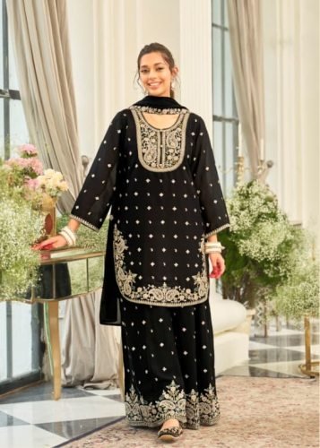 Saaj Designer And Stylish Heavy Chinon With Embroidery Work Palazzo Dupatta Set Black Corol  DN 2174