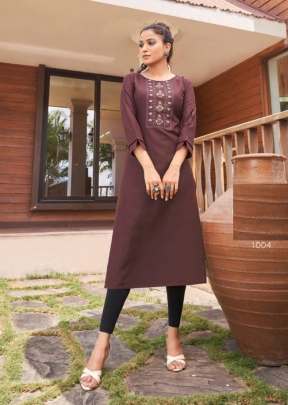 Saheli Heavy Magic Cotton With Embroidery Work Long Kurti Burgundy Wine Color DN 1004