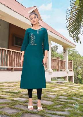 Saheli Heavy Magic Cotton With Embroidery Work Long Kurti Teal Color DN 1007