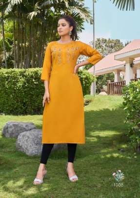 Saheli Heavy Magic Cotton With Embroidery Work Long Kurti Yellow Color DN 1008
