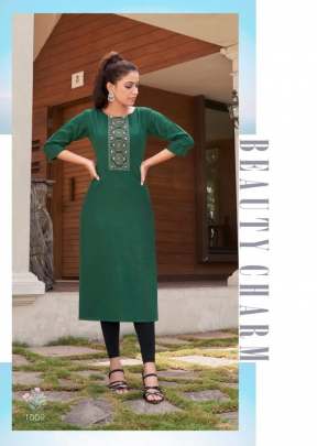 Saheli Heavy Magic Cotton With Embroidery Work Long Kurti Green Color DN 1009