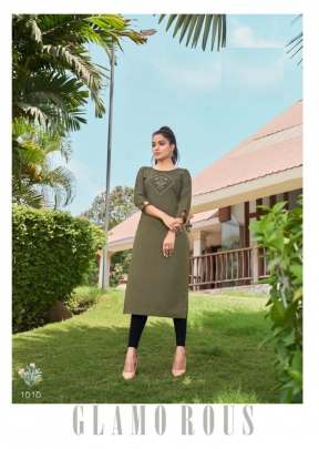 Saheli Heavy Magic Cotton With Embroidery Work Long Kurti Mehndi Color DN 1010